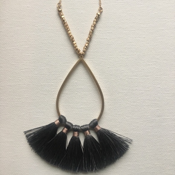 Gold Teardrop Necklace with Fabric Fan Tassel-Gray - Picture 1 of 1